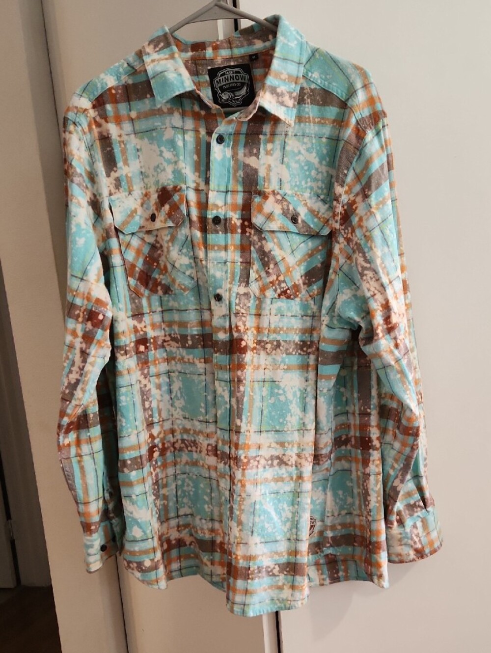 Angry Minnow Plaid Flannel Shirt - Aqua & Orange Sz XL